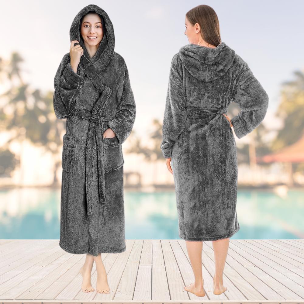 A full length charcoal grey hooded robe, front and back
